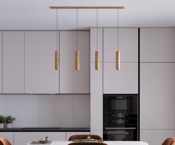 Linear chandelier with wooden shades for kitchen island and dining table SENTO