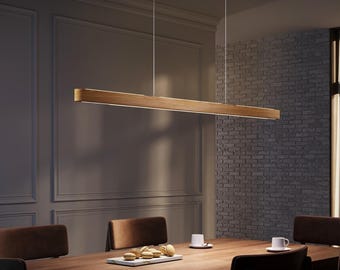 Lámpara colgante lineal con iluminación hacia arriba/abajo, lámpara de madera de roble macizo, iluminación para isla de cocina DUALUX