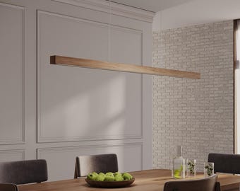 Lámpara colgante lineal hecha a mano en roble macizo, Lámpara de madera con temperatura de luz regulable SUNRISE