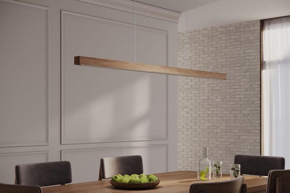 Linear pendant lighting in solid oak, Wooden hanging lamp with adjustable brightness and light warmth 2800–7500K SUNRISE