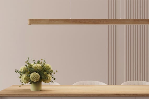 Elegant linear wood chandelier in solid oak, Hanging lamp for kitchen island lighting, LED Wood pendant light for dining table, HORIZON