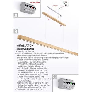Puede incluir: Una l&aacute;mpara colgante lineal de madera con tira LED integrada, mostrada con instrucciones de instalaci&oacute;n. El diagrama ilustra el montaje de una placa de aluminio en el techo, la conexi&oacute;n de cables y el ajuste de la altura en 10 cm.