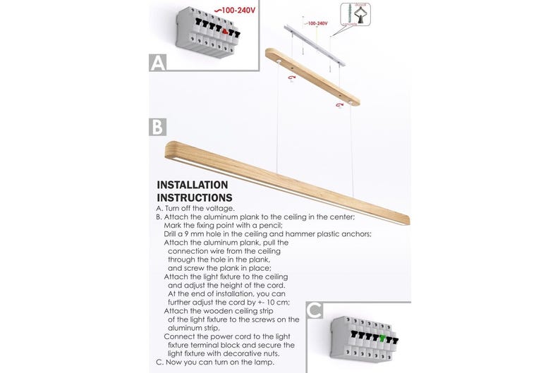 Puede incluir: Una l&aacute;mpara colgante lineal de madera con tira LED integrada, mostrada con instrucciones de instalaci&oacute;n. El diagrama ilustra el montaje de una placa de aluminio en el techo, la conexi&oacute;n de cables y el ajuste de la altura en 10 cm.