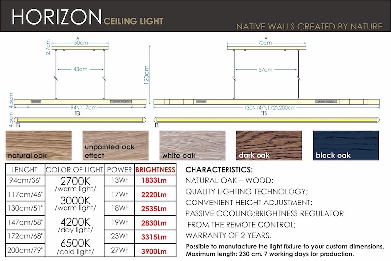 Puede incluir: Diagrama t&eacute;cnico de la l&aacute;mpara de techo Horizon que muestra dos luminarias lineales de madera con cables de suspensi&oacute;n ajustables. Incluye dimensiones en cm, cinco opciones de acabado en madera y una tabla detallando color, potencia y brillo.