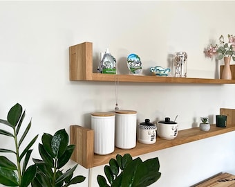 Juego de 2 estantes flotantes de roble, estante de roble con luz LED y estante de madera, almacenamiento de cocina, estantes de pared de cocina, estantes para guardería, estanterías para libros (PAR)