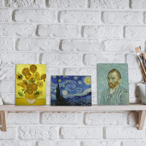 Van Gogh 3 Piece Tiny Canvas Wall Art Set, Small Mini Canvas Home Decor Print, Cute Art Housewarming Gift for Artsy, Starry Night,Sunflowers