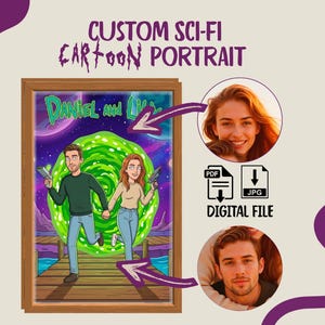 Könnte beinhalten: Individuelles Sci-Fi-Cartoon-Porträt mit einem Paar mit Laserpistolen, gerahmt in einem Holzrahmen. Das Kunstwerk enthält ein grünes Portal und einen Weltraumhintergrund. Digitale Datei verfügbar in PDF und JPG-Formaten.