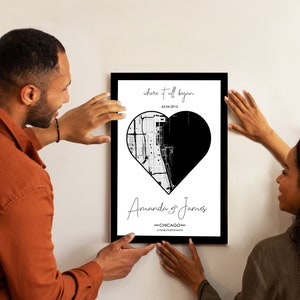 Carte de ville personnalisée Imprimer une affiche encadrée, Personnalisé n’importe quelle carte de la ville, Mariage Minimal Map Art, Quand nous nous sommes rencontrés, Cadeau de mariage d’anniversaire de fiançailles