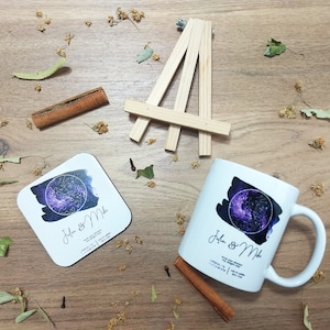 Ensemble de mug et sous-verre carte du ciel nocturne personnalisé, carte des étoiles par date, constellation, carte du ciel personnalisée, cadeau de mariage d'anniversaire de fiançailles