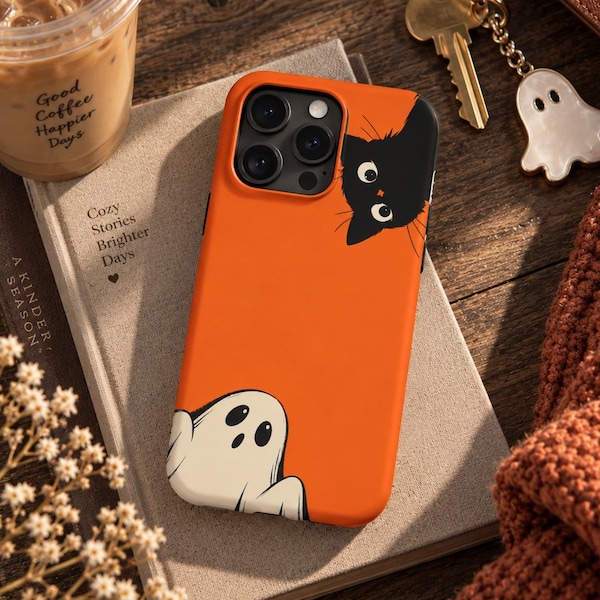 Ghost Black Cat Phone Case, Cute Halloween iPhone Cases, Spooky Orange Phone Cover, Retro Halloween Cat Case, Ghost Lover Fall Gift