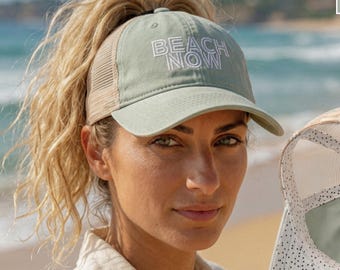 Gorra de béisbol bordada Beach Now, gorro para coleta playera, visera estampada, gorro para moño despeinado, gorra de vacaciones de verano, gorra estilo camionero a la moda