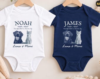 Personalisierter Babybody mit Erinnerungsfoto Ihres Haustiers, „Vom Himmel von Hund oder Katze auserwählt“, personalisiertes Baby-Outfit mit Babynamen, Geschenk zum Gedenken an Ihr Haustier