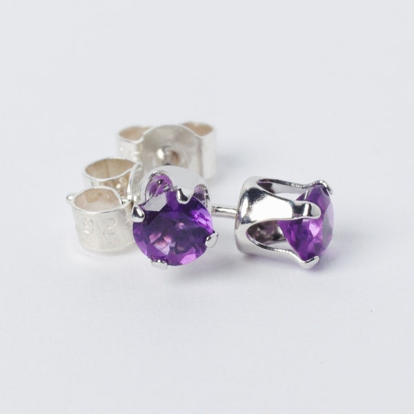 Amethyst Stud Earrings Genuine Natural - 925 Sterling Silver Setting Small 4mm Round Cut Purple Gemstone February Birthstone Girls Womens