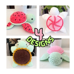 Set di modelli di tartarughe all'uncinetto 4 in 1, giocattolo carino, girasole, spirale, tartarughe anguria, animale di peluche coccoloso, adatto ai principianti, tartaruga amigurumi