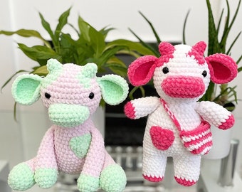 Patrones de vaca de crochet 2 en 1, linda vaca de peluche de crochet, patrón de amigurumi de crochet, regalo de peluche tierno, ideal para principiantes, vaca de fresa