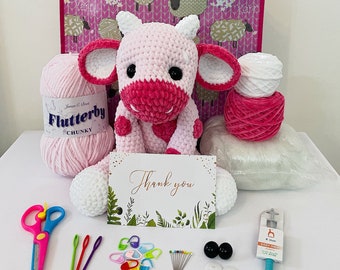 Dairy Cow Crochet Kit, Amigurumi Animal Craft Project, Beginner Friendly