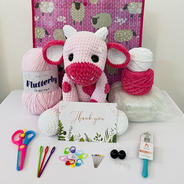 Darla the Dairy Cow Crochet Kit, Make Your Own Kit & Pattern, Beginner Friendly Animal Crochet Set, Amigurumi Craft Project, Starter Set