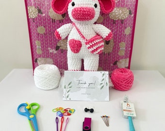 Plush Crochet Cow Kit: Beginner Amigurumi Animal Set & Pattern