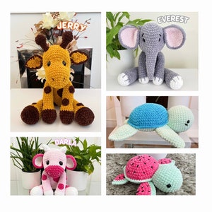 May include: Four crocheted stuffed animals: a giraffe named "Jerry", an elephant named "Everest", a turtle, and a cow named "Darla".