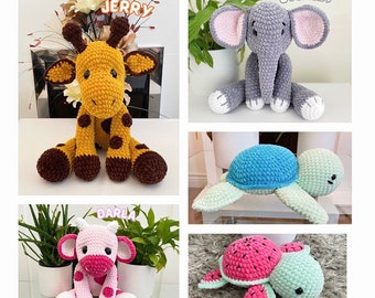 5in1 Crochet Plush Animal Pattern Bundle: Elephant, Giraffe, Cow, Turtles (PDF Pattern)