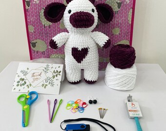 Plush Standing Cow Crochet Kit, Make Your Own Kit & Pattern, Beginner Friendly Animal Set, Amigurumi Beginner Craft Project, Starter Set