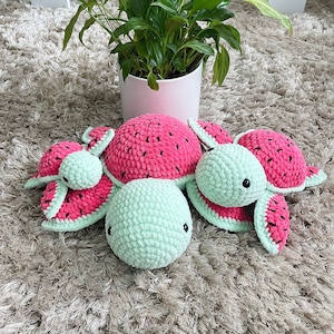 Set di modelli di tartaruga anguria all'uncinetto, graziose tartarughe piccole/medie/grandi, tenero animale di peluche, modello adatto ai principianti, tartaruga amigurumi