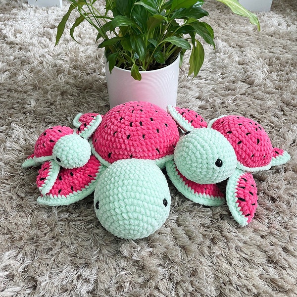 Wassermelonen-Schildkröte Häkelmuster Set: Amigurumi Plüsch (PDF-Muster)