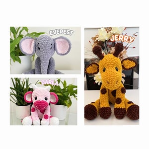 Pacchetto uncinetto 3 in 1, elefante, giraffa, modello mucca da latte, simpatico elefante di peluche, giraffa all'uncinetto, latte da latte, regalo fatto a mano, adatto ai principianti