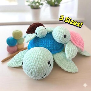 Gehaakt amigurumi-schildpadpatroon, 3-in-1 beginnersvriendelijke bundel, gemakkelijk gevulde zeeschildpadknuffel, pdf-patroon