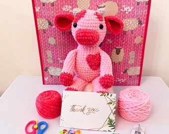Plush Crochet Cow Kit: Beginner Amigurumi Animal Set & Pattern