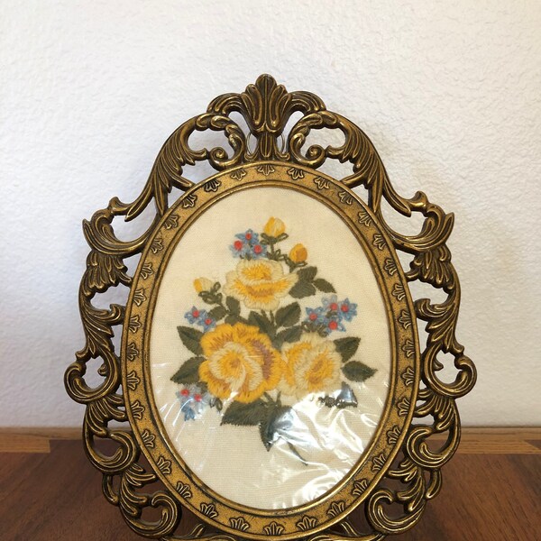 Vintage Framed The Creative Circle Tea Roses #1926 Embroidery Wall Hanging