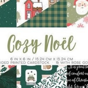 May include: A pack of 24 double-sided 6x6 inch paper sheets with a Christmas theme. The paper features a variety of designs including plaid, snowflakes, and a Christmas tree. The paper is printed on cardstock and has rose gold foil accents. The text "Cozy Noël" is printed on the front of the pack.