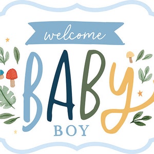 May include: A blue and white welcome sign with the words "welcome baby boy" in a whimsical font. The sign is decorated with green leaves, mushrooms, and stars.
