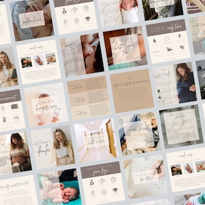 May include: A collection of 25 Instagram post templates for expecting parents. The templates feature a neutral color palette of beige, brown, and white with illustrations and text. Some of the topics covered include the golden hour, newborn hunger cues, safe sleep environment, and breastfeeding.