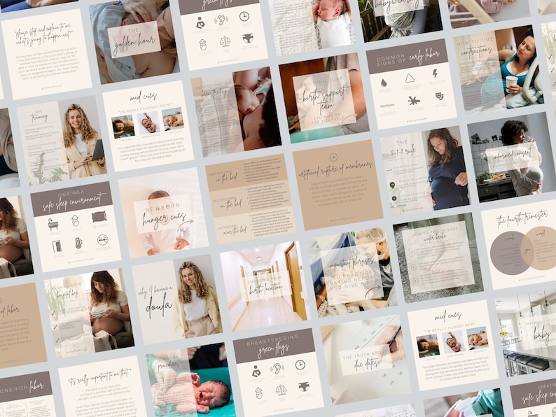 May include: A collection of 25 Instagram post templates for expecting parents. The templates feature a neutral color palette of beige, brown, and white with illustrations and text. Some of the topics covered include the golden hour, newborn hunger cues, safe sleep environment, and breastfeeding.