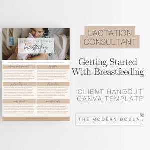 Może przedstawiać: Drukowana ulotka dla konsultantów laktacyjnych zatytułowana "Getting Started with Breastfeeding". Ulotka zawiera zdjęcie matki karmiącej piersią swoje dziecko i zawiera wskazówki dotyczące sukcesu w karmieniu piersią. Ulotka została zaprojektowana do użycia jako ulotka dla klientów lub jako szablon Canva.
