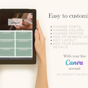 May include: A tablet screen displaying a printable infographic about newborn reflexes. The infographic is titled "Newborn Reflexes" and includes descriptions of the rooting, sucking, Moro startle, tonic neck, grasp, and stepping reflexes. The text on the screen reads "Easy to customize! Change fonts, change colors, change photos, add or remove content, edit layout, add your business details. With your free Canva account. No subscription required."