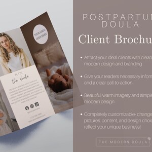 K&ouml;nnte beinhalten: Eine dreiteilige Brosch&uuml;re f&uuml;r einen Postpartum-Doula-Service. Die Brosch&uuml;re zeigt eine warme Farbpalette mit Bildern einer Doula, eines Babys und einer Familie. Der Text auf der Brosch&uuml;re enth&auml;lt die W&ouml;rter "Postpartum Doula", "Kundenbrosch&uuml;re" und "Die moderne Doula".