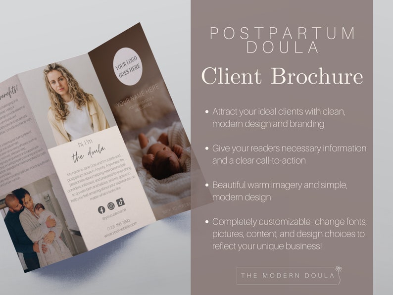 K&ouml;nnte beinhalten: Eine dreiteilige Brosch&uuml;re f&uuml;r einen Postpartum-Doula-Service. Die Brosch&uuml;re zeigt eine warme Farbpalette mit Bildern einer Doula, eines Babys und einer Familie. Der Text auf der Brosch&uuml;re enth&auml;lt die W&ouml;rter "Postpartum Doula", "Kundenbrosch&uuml;re" und "Die moderne Doula".