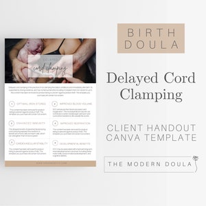 Può includere: Un modello di volantino per clienti Canva stampabile per le doule che spiega i benefici del ritardo del morsetto del cordone ombelicale. Il modello presenta una foto di un bambino tenuto dai suoi genitori, con il testo "Delayed Cord Clamping" in un carattere grande. I benefici elencati includono riserve di ferro ottimali, volume sanguigno migliorato, immunità migliorata, respirazione migliorata, stabilità cardiovascolare e benefici dello sviluppo.