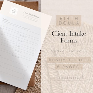 Könnte beinhalten: Hellbeige Kundenaufnahmeformular mit dem Text "Client Intake Forms" und "Your Logo Here". Das Formular befindet sich auf einem braunen Umschlag. Der Text "BIRTH DOULA", "CANVA TEMPLATE", "READY TO USE!" und "8 PAGES!" sind ebenfalls sichtbar.