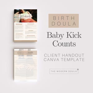 Puede incluir: Plantilla Canva beige claro y blanco para una doula de nacimiento, con el texto "Baby Kick Counts" y "Client Handout Canva Template". La imagen incluye una foto de una persona embarazada.
