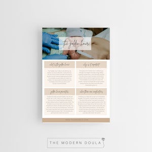May include: A beige and brown informational sheet with the title "the golden hour" in cursive script. The sheet explains the importance of the first hour after birth for both the baby and the parent. The sheet also includes information about the benefits of skin-to-skin contact and the potential complications that can arise.