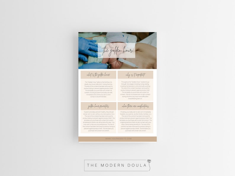 May include: A beige and brown informational sheet with the title "the golden hour" in cursive script. The sheet explains the importance of the first hour after birth for both the baby and the parent. The sheet also includes information about the benefits of skin-to-skin contact and the potential complications that can arise.