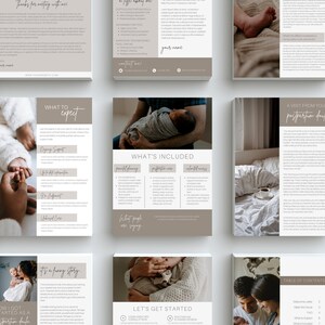 May include: A set of printable brochures for a postpartum doula business. The brochures are beige with brown text and images of babies and parents. The text includes "What to Expect", "What's Included", "A Visit from Your Postpartum Doula", "How I Got Started as a Postpartum Doula", "It's a Happy Story", "Let's Get Started", "Table of Contents", and "Benefits".