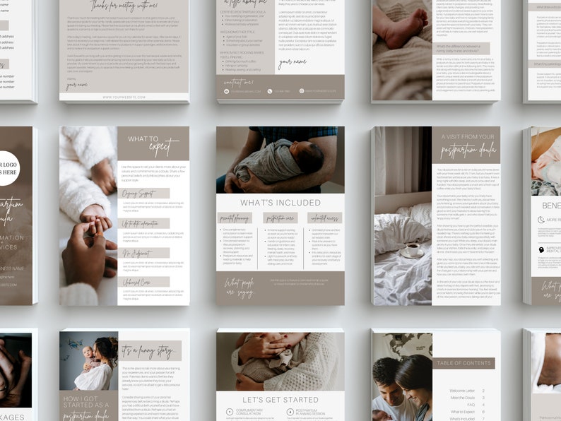 May include: A set of printable brochures for a postpartum doula business. The brochures are beige with brown text and images of babies and parents. The text includes "What to Expect", "What's Included", "A Visit from Your Postpartum Doula", "How I Got Started as a Postpartum Doula", "It's a Happy Story", "Let's Get Started", "Table of Contents", and "Benefits".