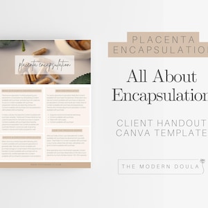 Puede incluir: Un folleto beige y blanco titulado "Encapsulación de la placenta" con texto e imágenes de cápsulas. El texto incluye "Todo sobre la encapsulación" y "Plantilla Canva para clientes". El logotipo de The Modern Doula está en la parte inferior.