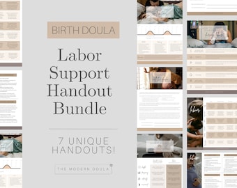 May include: A digital download bundle of seven printable handouts for birth doulas. The handouts are titled "Labor Support Handout Bundle" and "7 Unique Handouts!" with a floral design and the text "The Modern Doula". The handouts include topics such as "How to Support Your Partner During Labor", "Breathing Rocks", and "Labor Stages".