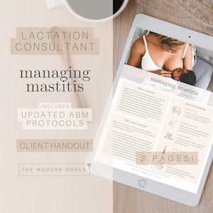 Puede incluir: Una descarga digital para consultoras de lactancia, titulada "Managing Mastitis". El documento incluye protocolos ABM actualizados y es un folleto para clientes. El documento presenta una foto de una mujer amamantando a un bebé. El texto "2 Pages!" es visible en el documento.