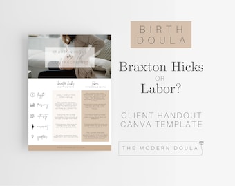 Opuscolo sulle contrazioni, Opuscoli per i clienti della doula del parto, Contrazioni di Braxton Hicks vs. contrazioni del travaglio, Modello modificabile per opuscolo della doula, Educazione al parto